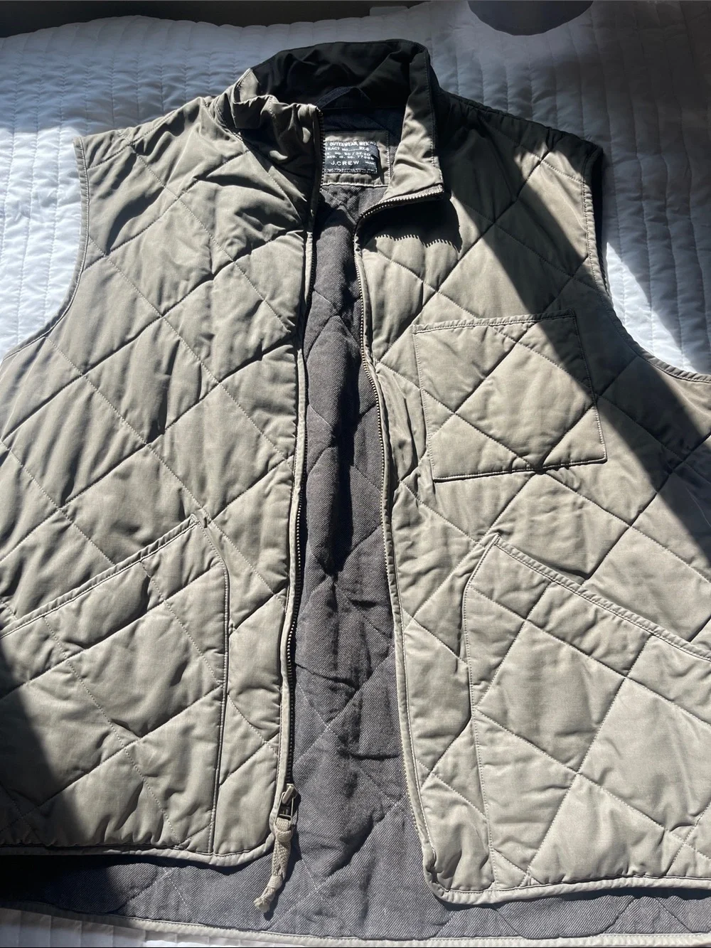 J. Crew Quilted Olive Vest with Black Lining